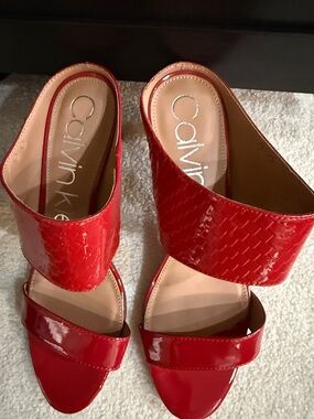 Calvin Klein Red Patent Slide Mules